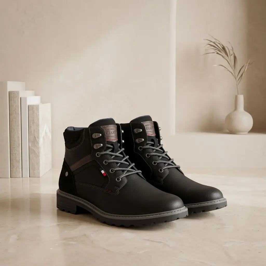 360 COTTON MEN SHOES ANKLE BOOTS ROUNDED TOE LACING SMOOTH LEATHER UPPER LOW FLAT RUBBER SOLE BLACK 41