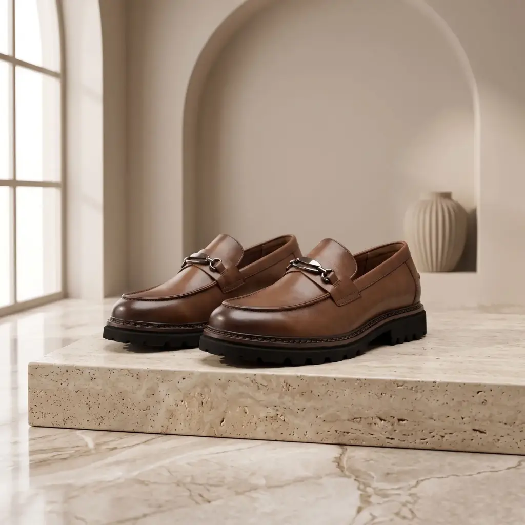 360 COTTON MEN SHOES LOAFER ROUNDED TO ALMOND TOE STRAP ACROSS THE VAMP MOCASSIN-STYLE LOW FLAT RUBBER SOLE CLASSIC LEATHER BROWN 41