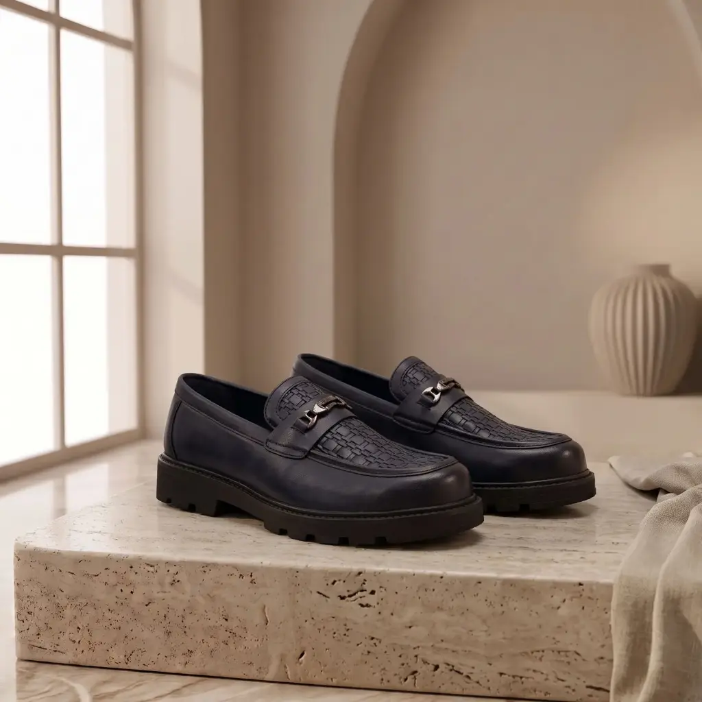 360 COTTON MEN SHOES LOAFER ROUNDED TO ALMOND TOE STRAP ACROSS THE VAMP EMBOSSED PATTERNED UPPER CLASSIC AND SOPHISTICATED NAVY/BLACK 41