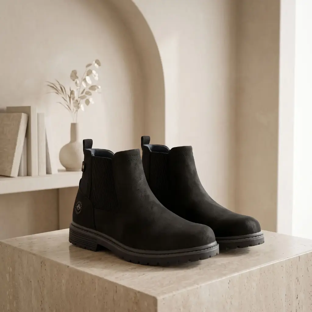 360 COTTON MEN SHOES CHELSEA ANKLE BOOTS ROUNDED TO ALMOND TOE ELASTIC SIDE PANELS SMOOTH FABRIC/SUEDE UPPER CLASSIC AND VERSATILE BLACK 41