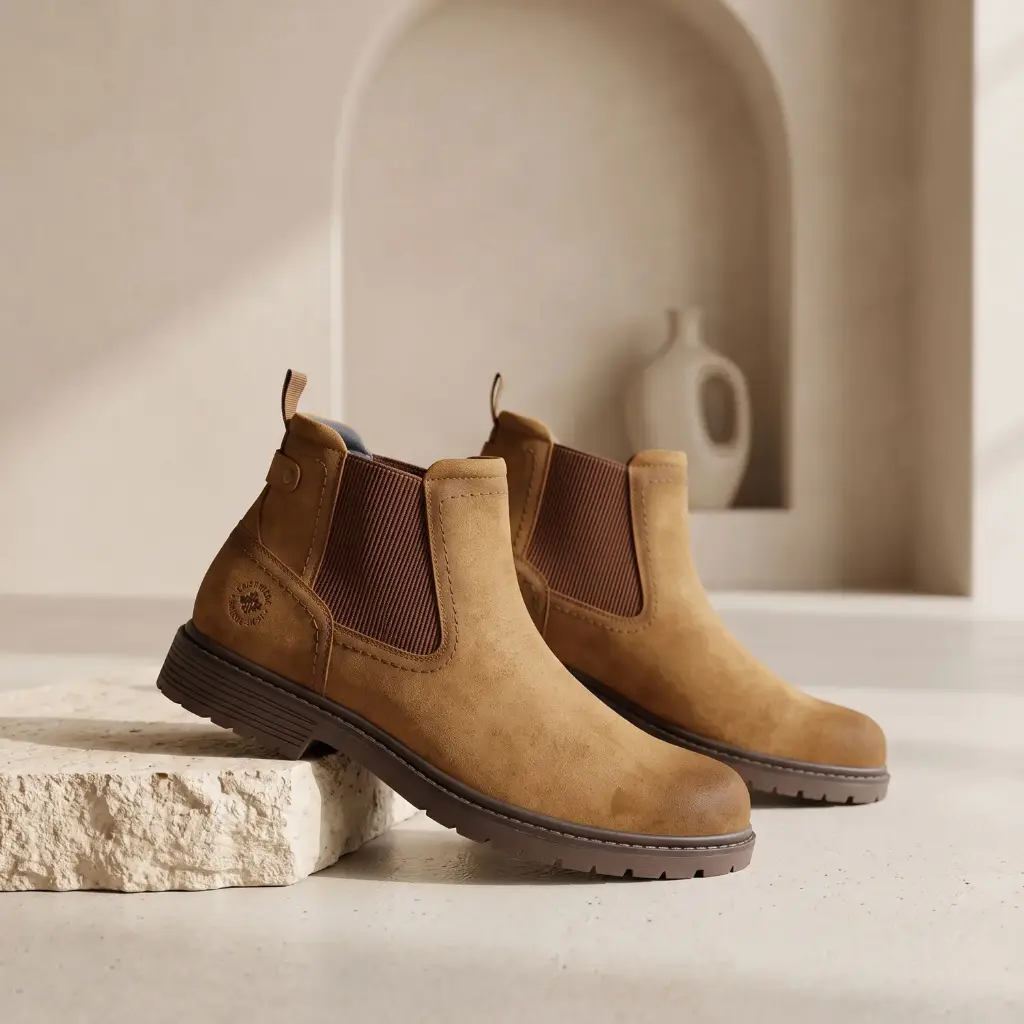 360 COTTON MEN SHOES CHELSEA ANKLE BOOTS ROUNDED TO ALMOND TOE ELASTIC SIDE PANELS SMOOTH FABRIC/SUEDE UPPER CLASSIC AND VERSATILE MUSTARD 41