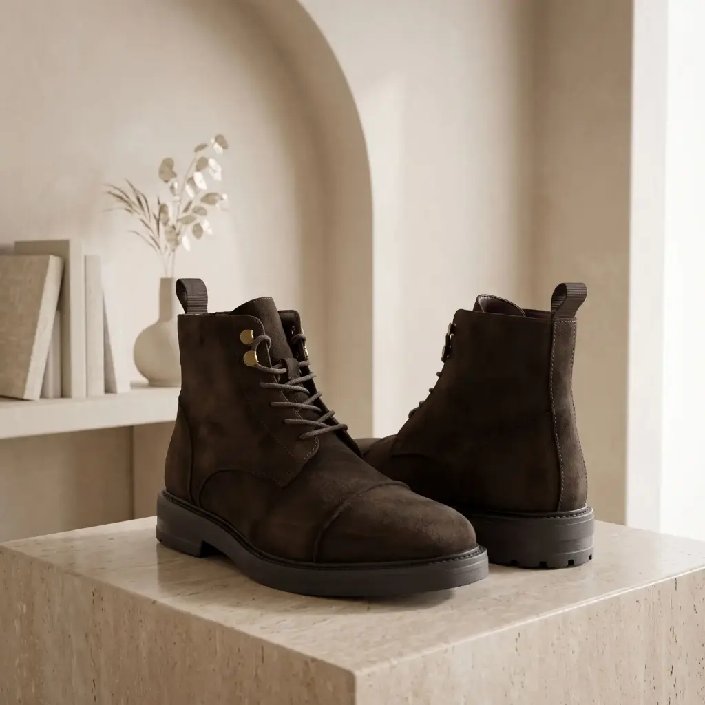 360 COTTON MEN SHOES ANKLE BOOT LACE-UP ROUNDED TO ALMOND TOE PADDED COLLAR SIDE ZIPPER CASUAL AND RUGGED STYLE SUEDE DARK BROWN 41