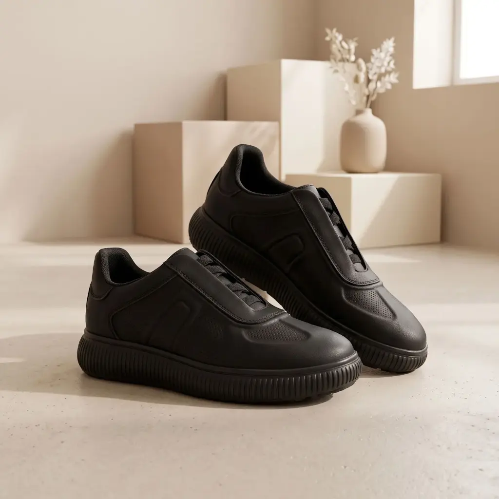 360 COTTON MEN SHOES LACE-UP SNEAKER ROUNDED TOE TONAL LACES THICK LOW PROFILE RUBBER SOLE CASUAL AND SPORTY DESIGN LEATHER BLACK 41