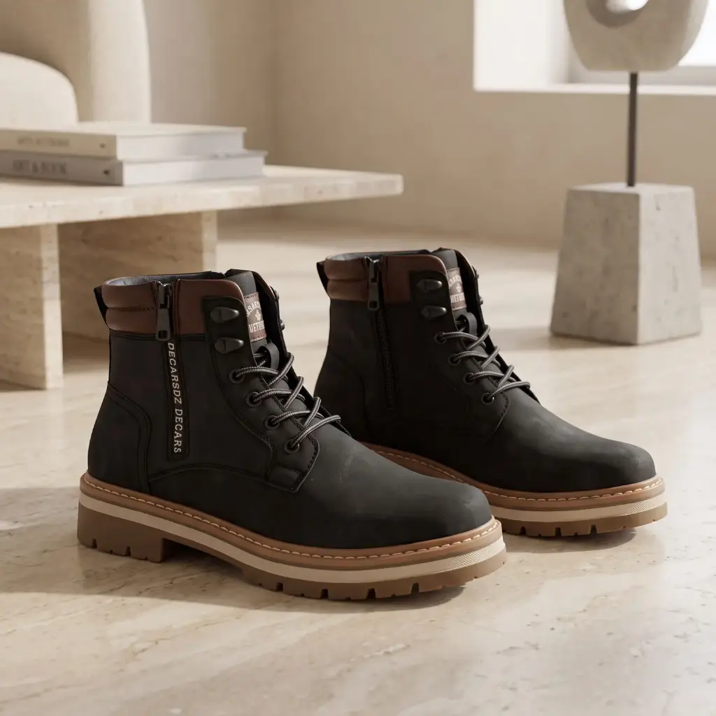 360 COTTON MEN SHOES LACE-UP ANKLE BOOTS ROUNDED TO ALMOND TOE SIDE ZIPPER FULL FRONT LACING BEIGE RUBBER SOLE LEATHER  BLACK 41