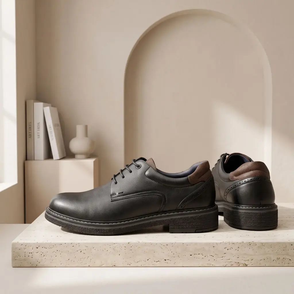 360 COTTON MEN SHOES FORMAL LACE-UP ROUNDED TO ALMOND TOE POLISHED UPPER LOW STACKED HEEL CLASSIC LEATHER BLACK 41