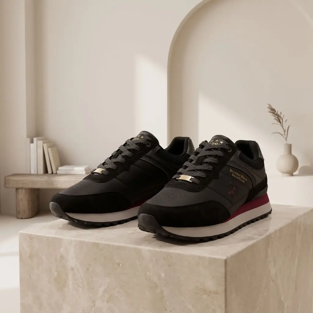360 COTTON MEN SHOES MESH/FABRIC UPPER BLACK LACE-UP FRONT PADDED COLLAR RED ACCENT MIDSOLE FLAT RUBBER OUTSOLE SPORTY AND MODERN DESIGN BLACK 41