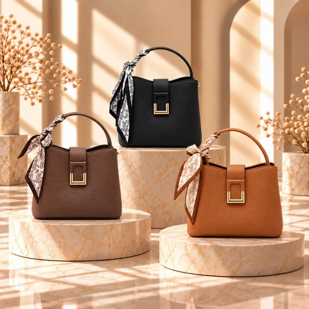 360 COTTON HAND BAG RECTANGULAR SHAPE DOUBLE TOP HANDLES DETACHABLE ADJUSTABLE STRAP FRONT METAL CLASP DARK BROWN