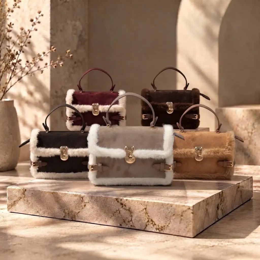 360 COTTON HAND BAG RECTANGULAR SHAPE DOUBLE HANDLES DETACHABLE SHOULDER STRAP WHITE FAUX-FUR TRIM ON THE TOP BURGUNDY/BROWN