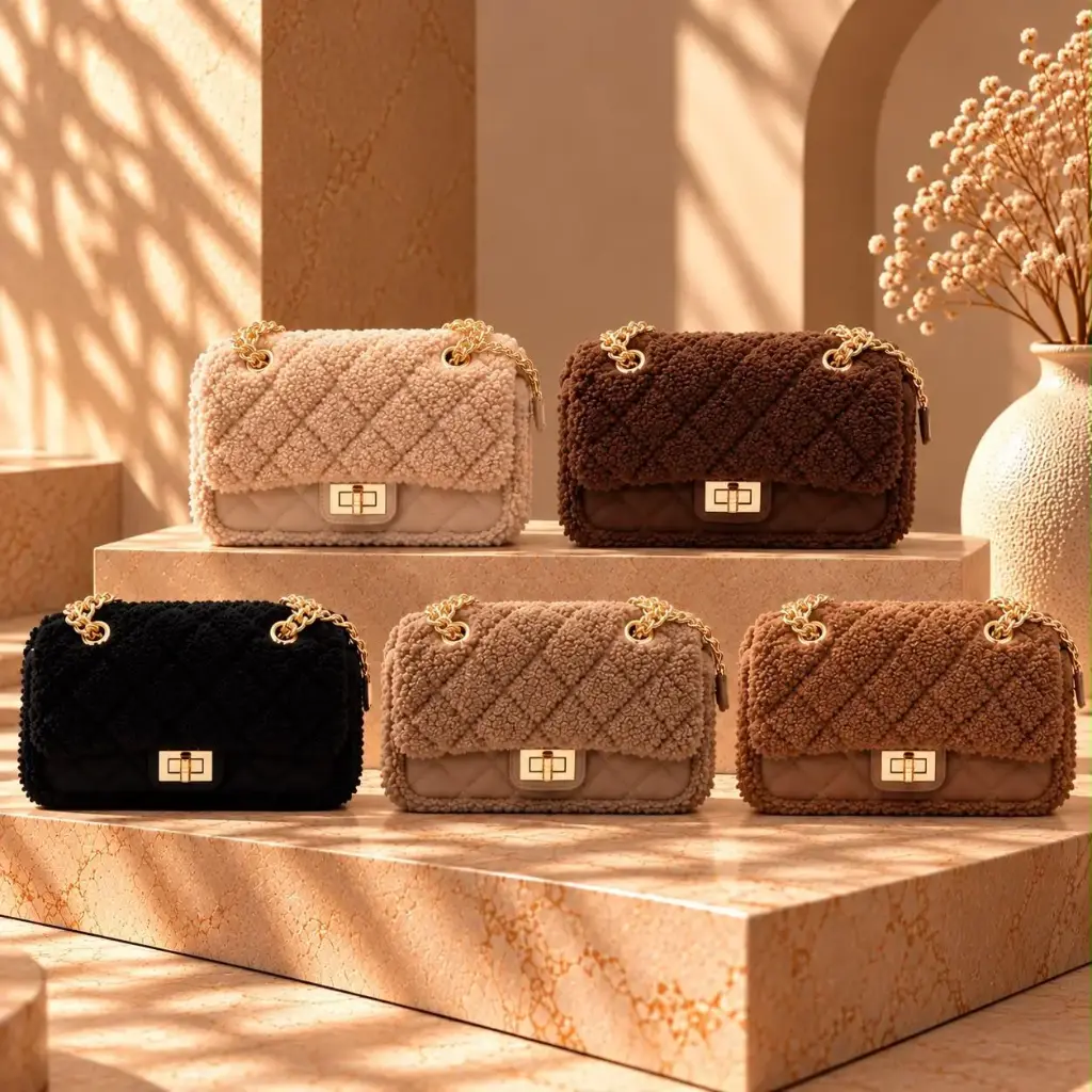 360 COTTON SHOULDER BAG RECTANGULAR FLAP SOFT PLUSH TEXTURE GOLD-TONE CHAIN SHOULDER STRAPS GOLD-TONE LOCK CLOSURE CAMEL/TAN
