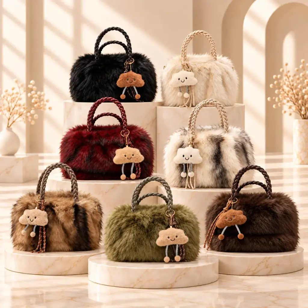 360 COTTON SHOULDER BAG SOFT ROUNDED SHAPE BRAIDED ROPE TOP HANDLE FAUX-FUR TEXTURE LONG STRAP PLAYFUL ANIMAL CHARM FLUFFY GREY/BEIGE
