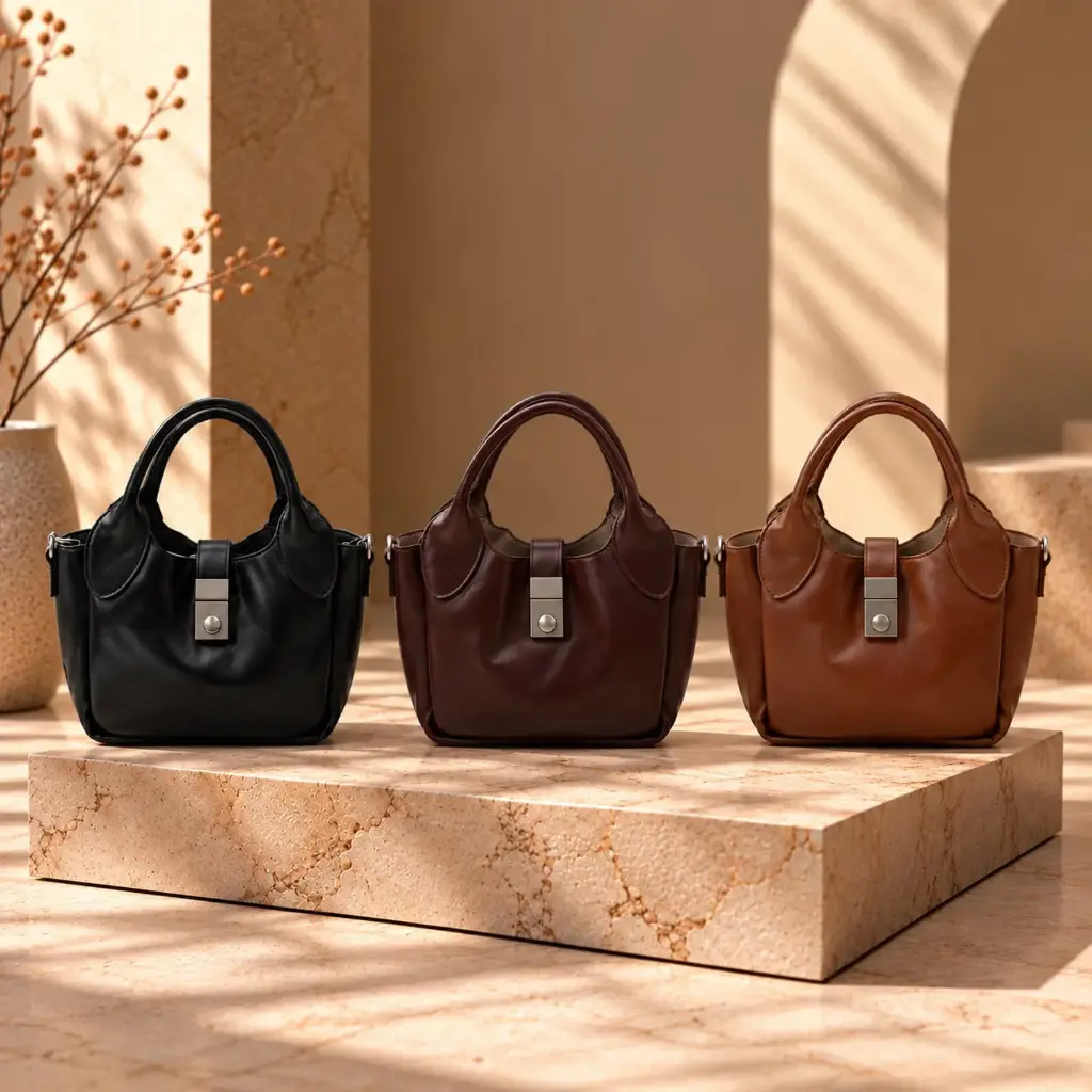 360 COTTON SHOULDER BAG DUAL TOP HANDLES ADJUSTABLE SHOULDER STRAP FRONT FLAP METAL CLASP CLOSURE COGNAC BROWN