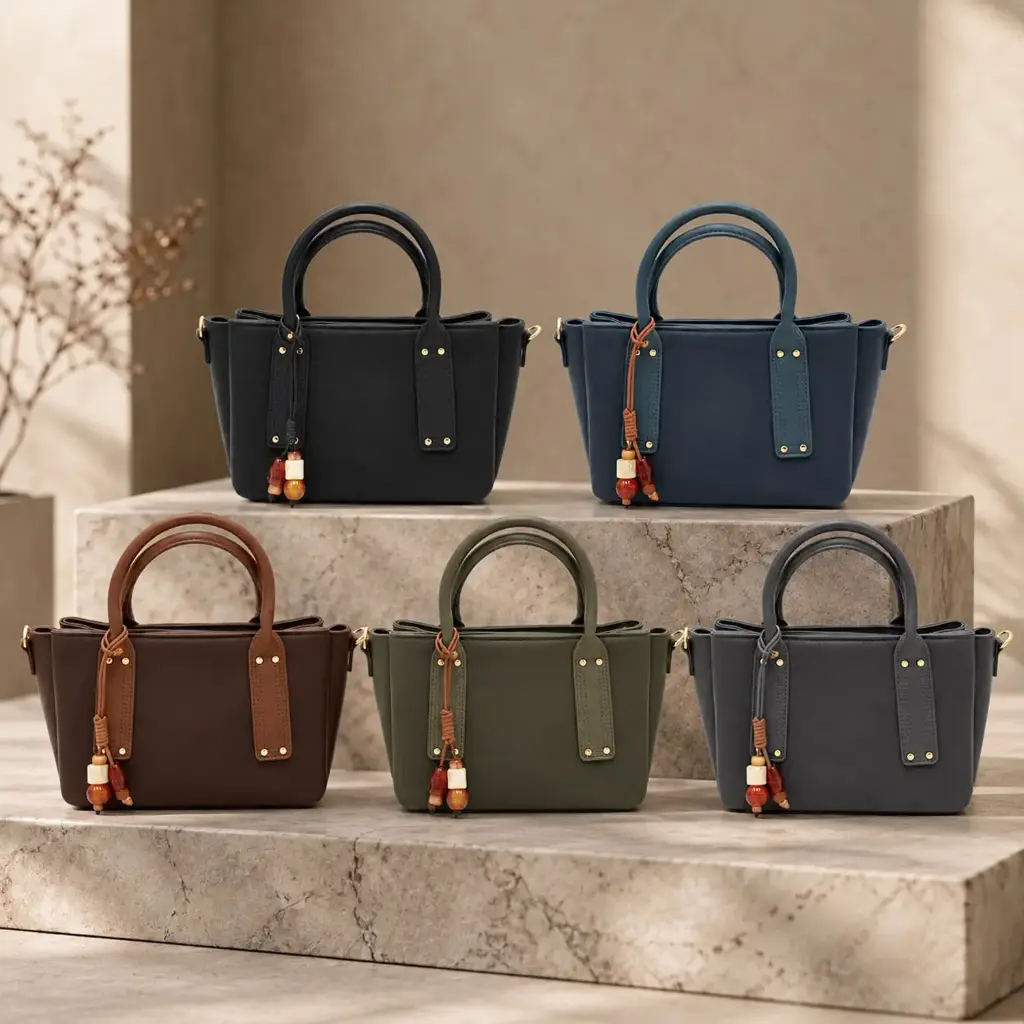 360 COTTON HAND BAG RECTANGULAR SHAPE ROUNDED TOP HANDLES  SIDE CLASP DETAILS DETACHABLE SHOULDER STRAP DARK BROWN