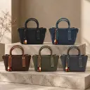 360 COTTON HAND BAG RECTANGULAR SHAPE ROUNDED TOP HANDLES  SIDE CLASP DETAILS DETACHABLE SHOULDER STRAP DARK BROWN