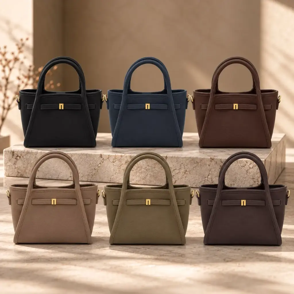 360 COTTON HAND BAG RECTANGULAR ROUNDED DUAL TOP HANDLES DETACHABLE SHOULDER STRAP LEATHER-LOOK FRONT FLAP GOLD-TONE CLASP TAUPE/BEIGE