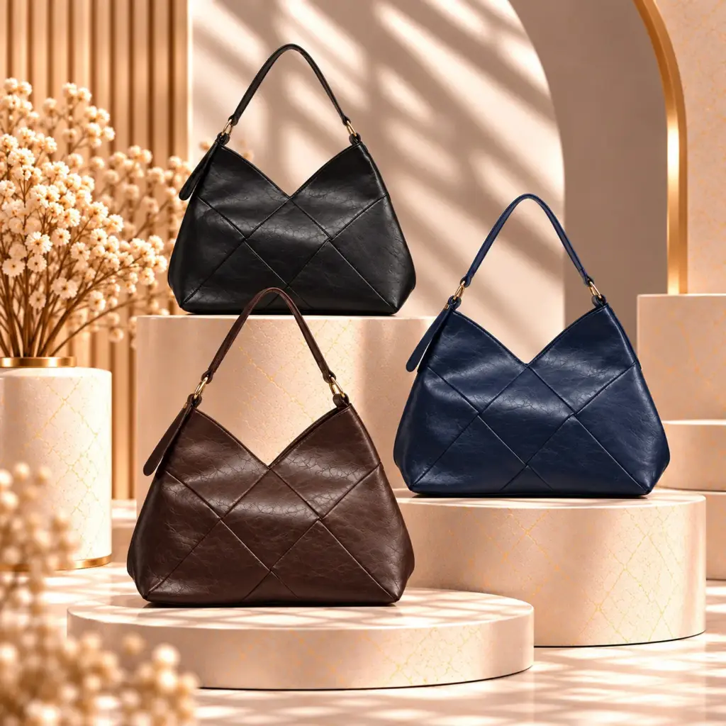 360 COTTON SHOULDER BAG TRIANGULAR SILHOUETTE GEOMETRIC QUILTED PANELING ADJUSTABLE SHOULDER STRAP LEATHER BLACK