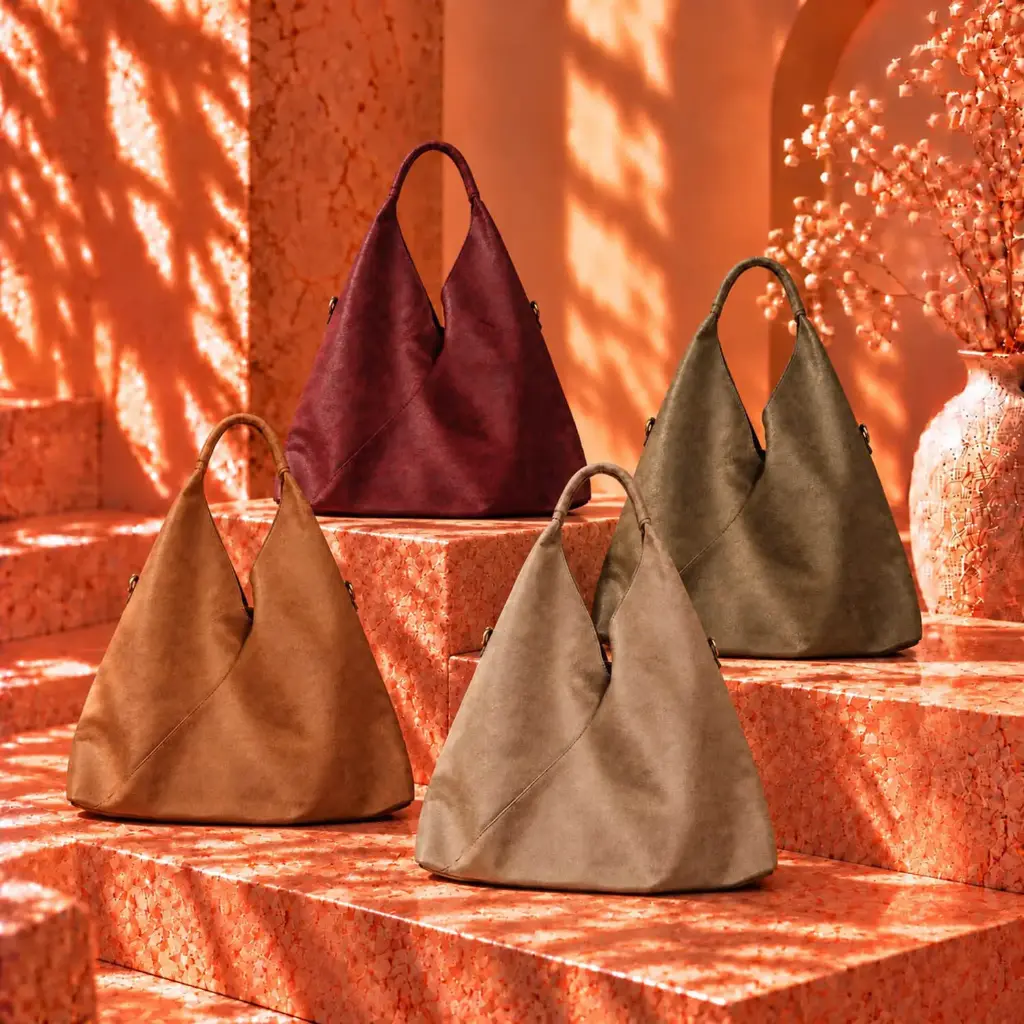 360 COTTON SHOULDER TOTE BAG OVERSIZED TRIANGLAR SILHOUETTE WIDE SHOULDER HANDLES OPEN-TOP DESIGN SUEDE CAMEL/TAN