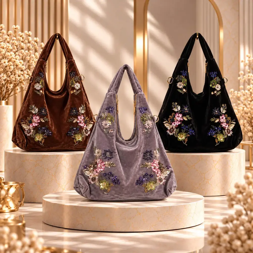360 COTTON HAND BAG TRIANGULAR SILHOUETTE DUAL TOP HANDLES SOFT FABRIC FLORAL EMBROIDERY BOTANICAL MOTIFS BLACK