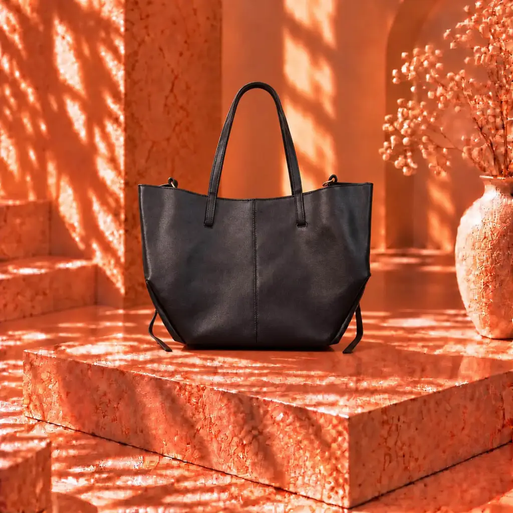 360 COTTON TOTE BAG RECTANGULAR DUAL TOP HANDLES LEATHER-LOOK OPEN TOP DESIGN BLACK