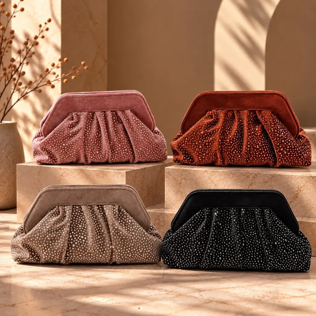 360 COTTON HAND BAG TRAPEZOIDAL SHAPE SHORT TOP HANDLE SOFT FABRIC DENSE RHINESTONE/BEADED DECORATION ON THE FRONT TAUPEBROWN