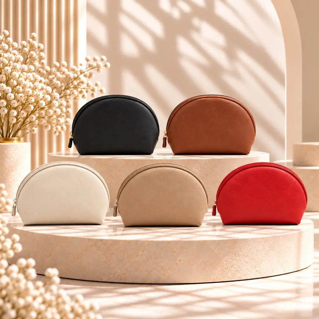 360 COTTON POUCH COSMETIC SEMI-HALF MOON  ROUNDED TOP FLAT BASE ZIPPER CLOSURE SUEDE BEIGE/TAUPE
