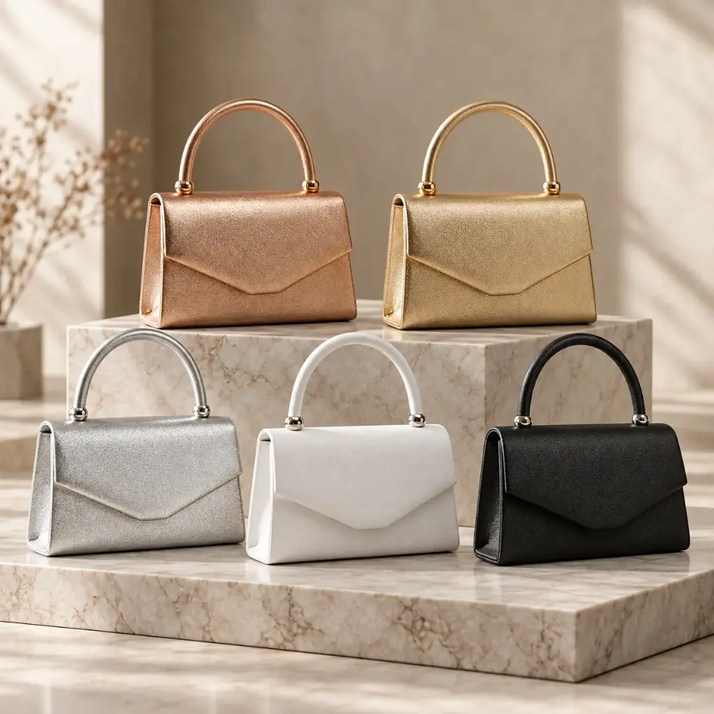 360 COTTON HAND BAG COMPACT RECTANGULAR SHAPE ROUNDED HANDLE FLAP-STYLE FRONT CLOSURE SILVER METALLIC