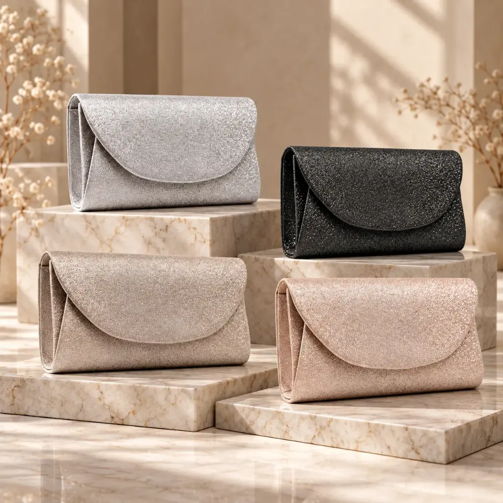 360 COTTON CLUTCH BAG COMPACT RECTANGULAR SHAPE SPARKLING TEXTURE FOLD-OVER FLAP SLIM STRUCTURED CHAMPAGNE GLITTER
