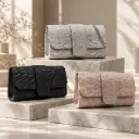 360 COTTON CLUTCH BAG RECTANGULAR SHAPE SPARKLING FOLD OVER FLAP CHAMPAGNE GLITTER