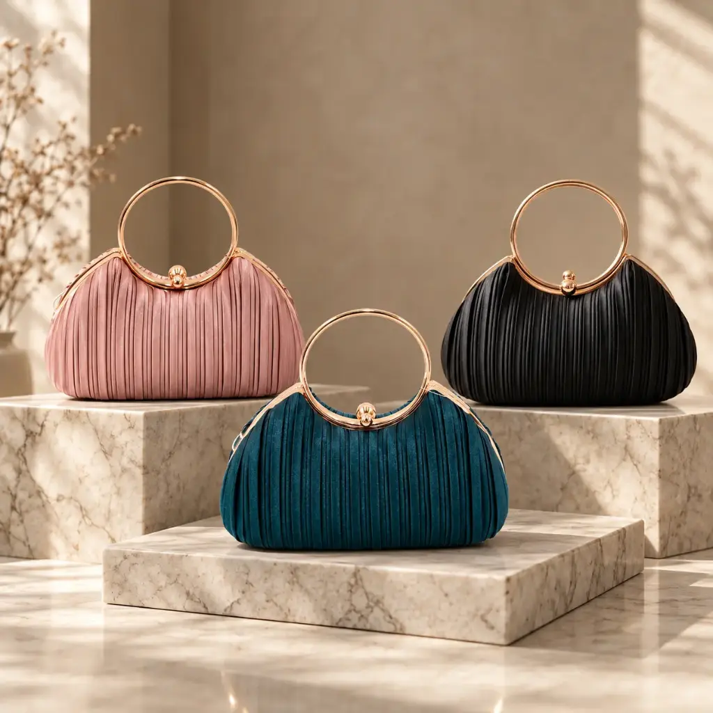 360 COTTON HAND BAG MINI PLEATED RIBBED ROUNDED SILHOUETTE GOLD-TONE HANDLE & MINI CLASP BLACK