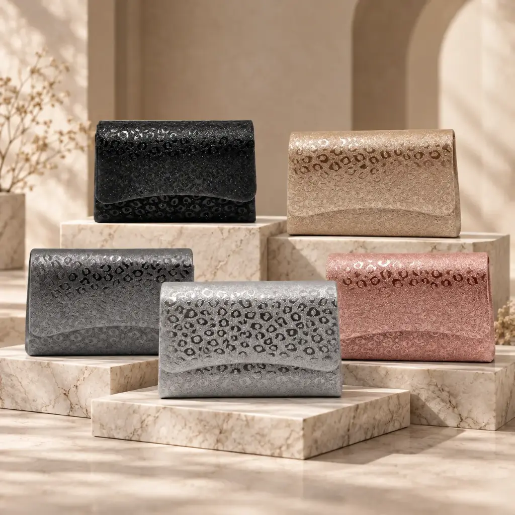 360 COTTON CLUTCH BAG RECTANGULAR SHAPE ROUNDED FLAP CLOSURE SPARKLING METALLIC CLASP ROSE-GOLD GLITTER