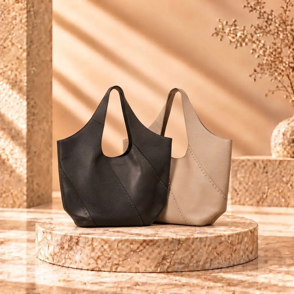 360 COTTON SHOULDER BAG BOHO LARGE SOFT TRIANGLE SILHOUETTE WIDE INTEGRATED SHOULDER HANDLES STITCHED DETAILS LEATHER BEIGE
