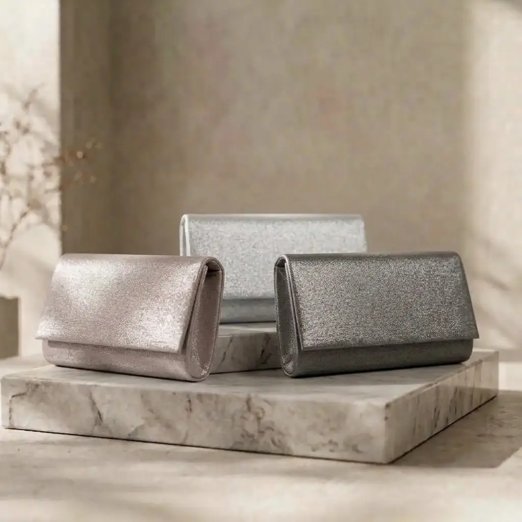 360 COTTON CLUTCH BAG RECTANGULAR SHAPE SPARKLING FOLD-OVER FLAP SILVER GLITTER