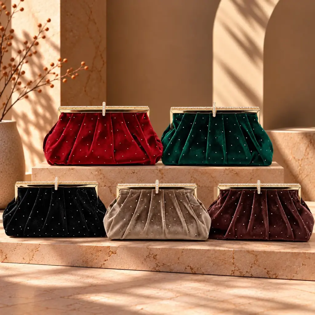 360 COTTON CLUTCH BAG RECTANGULAR SHAPE LAYERED HORIZONTAL PLEAT DETAILING SHIMMERING TEXTURED SLIM METALLIC FRAME CLASP CLOSURE CHAMPAGNE