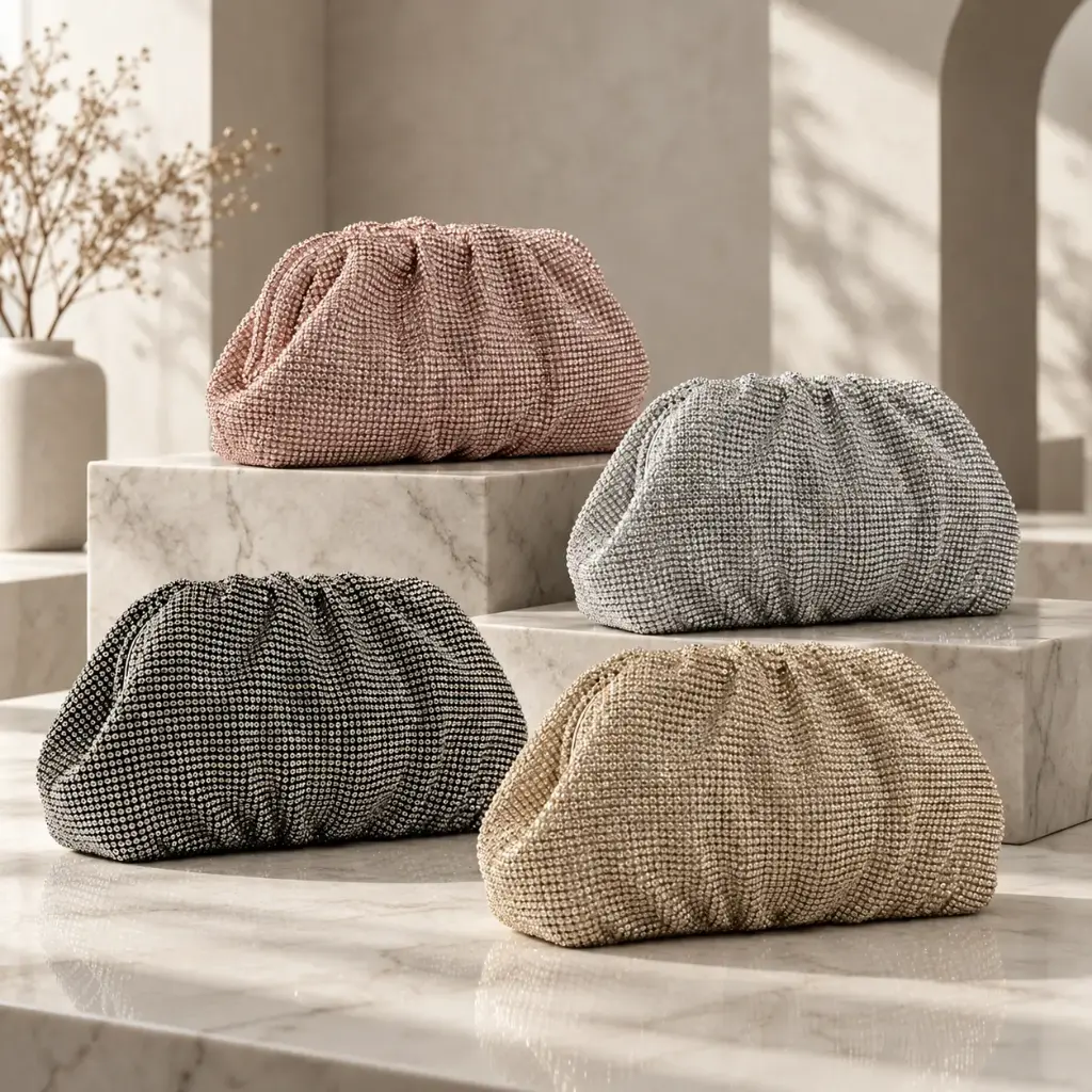 360 COTTON CLUTCH BAG SOFT ROUNDED RECTANGULAR SHAPE FULLY COVERED SPARKLING BEADS CURVED TOP SILVER PEARL BEADED