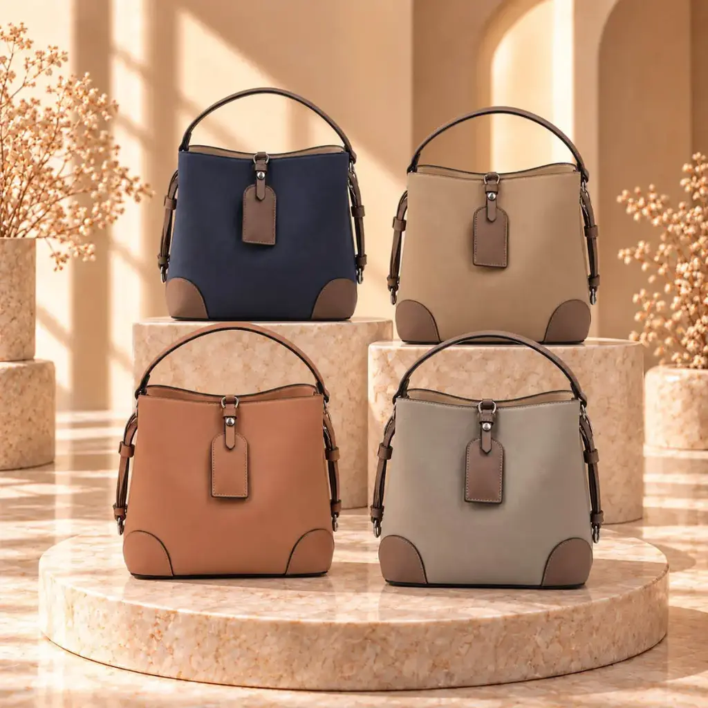 360 COTTON HAND BAG  TRAPEZOIDAL SILHOUETTE DUAL TOP HANDLES DETACHABLE SHOULDER STRAP FRONT HANGING TAG LEATHER BROWN