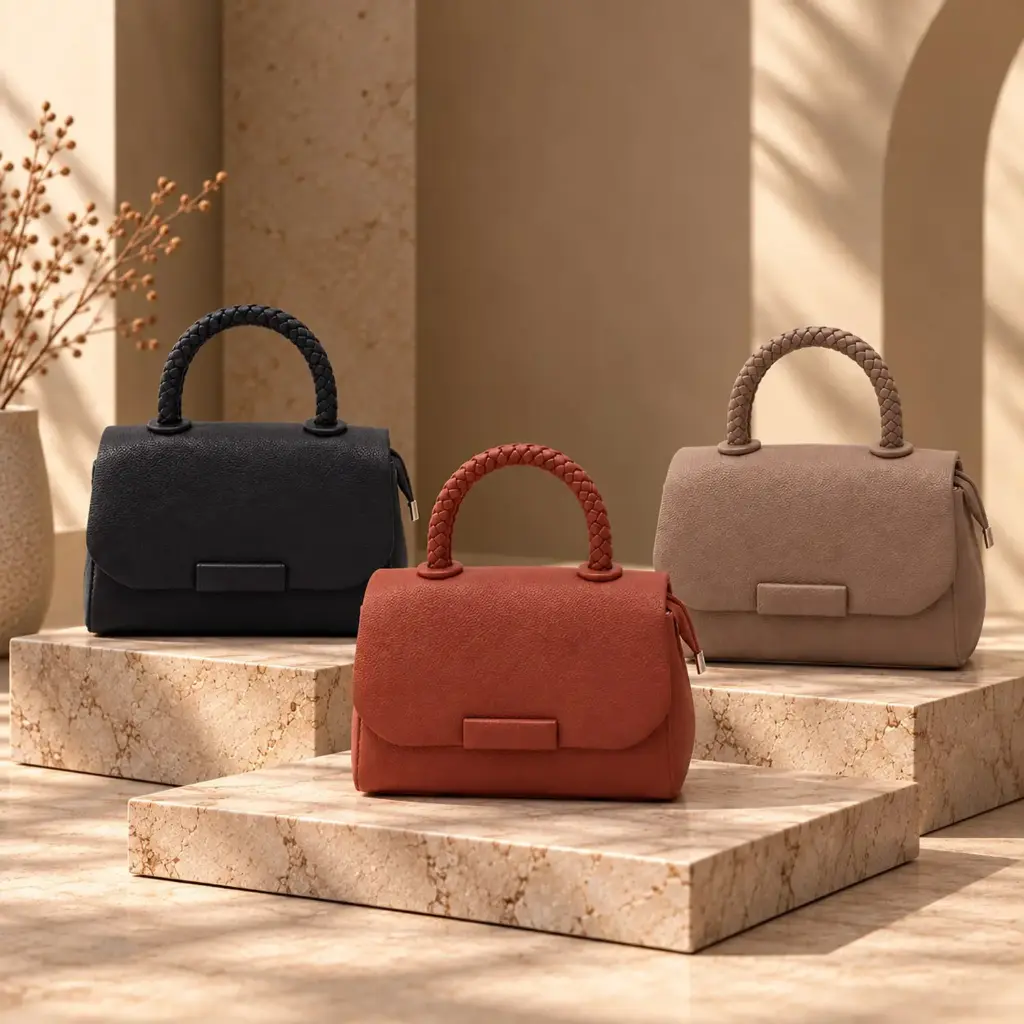 360 COTTON HAND BAG COMPACT RECTANGULAR ROUNDED TOP HANDLES WIDE FLAP CLOSURE FRONT METAL TONE MINI SATCHEL DARK BROWN