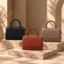 360 COTTON HAND BAG COMPACT RECTANGULAR ROUNDED TOP HANDLES WIDE FLAP CLOSURE FRONT METAL TONE MINI SATCHEL DARK BROWN
