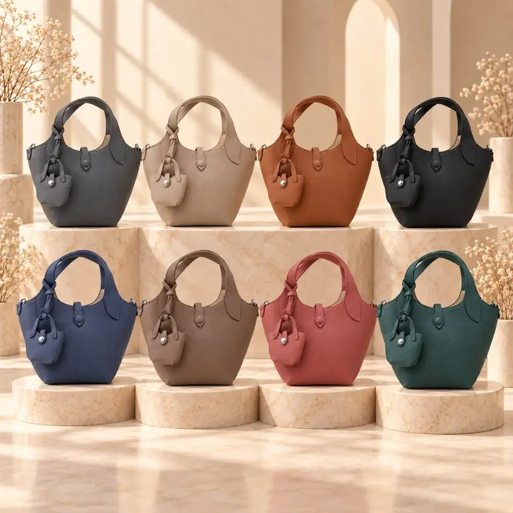 360 COTTON SHOULDER BAG TOTE TRAPEZOIDL SILHOUETTE DUAL TOP HANDLES LEATHER-LOOK MATCHING MINI POUCH DARK GREEN