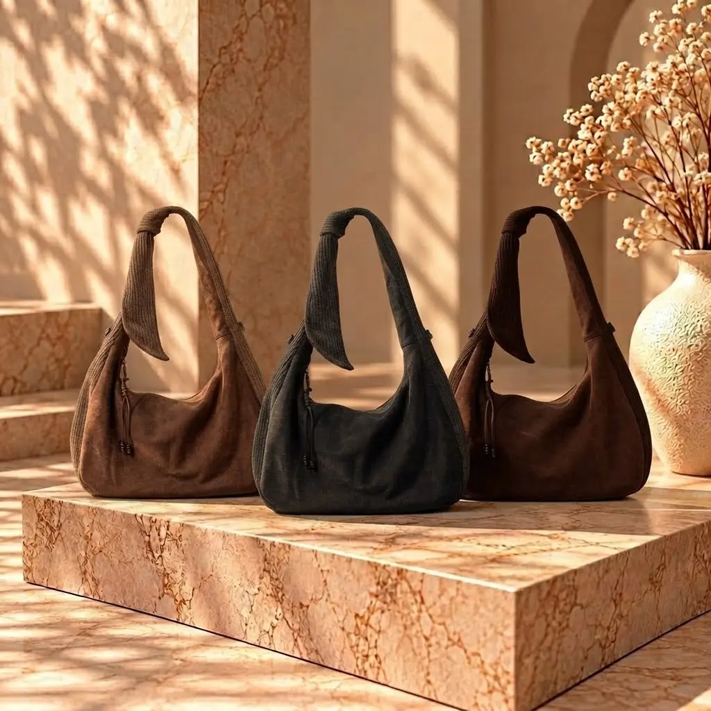 360 COTTON SHOULDER BAG ROUNDED SILHOUETTE WIDE TWISTED KNOTTED SHOULDER OPEN TOP DESIGN SMOOTH SUEDE BOHO BROWN