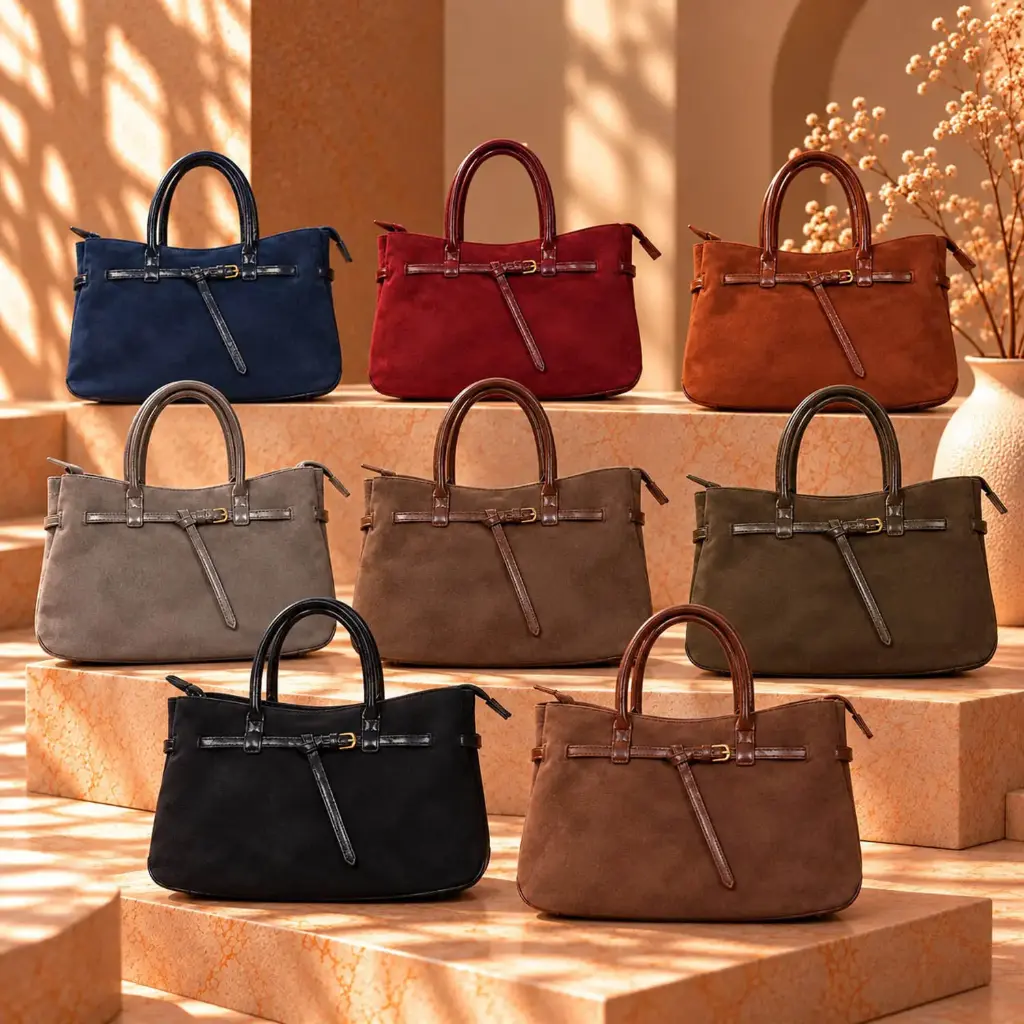360 COTTON HAND BAG TRAPEZOIDAL TOP ZIPPER CLOSURE FRONT STRAP WITH METAL HARDWARE  DOUBLE HANDLE SUEDE GREY