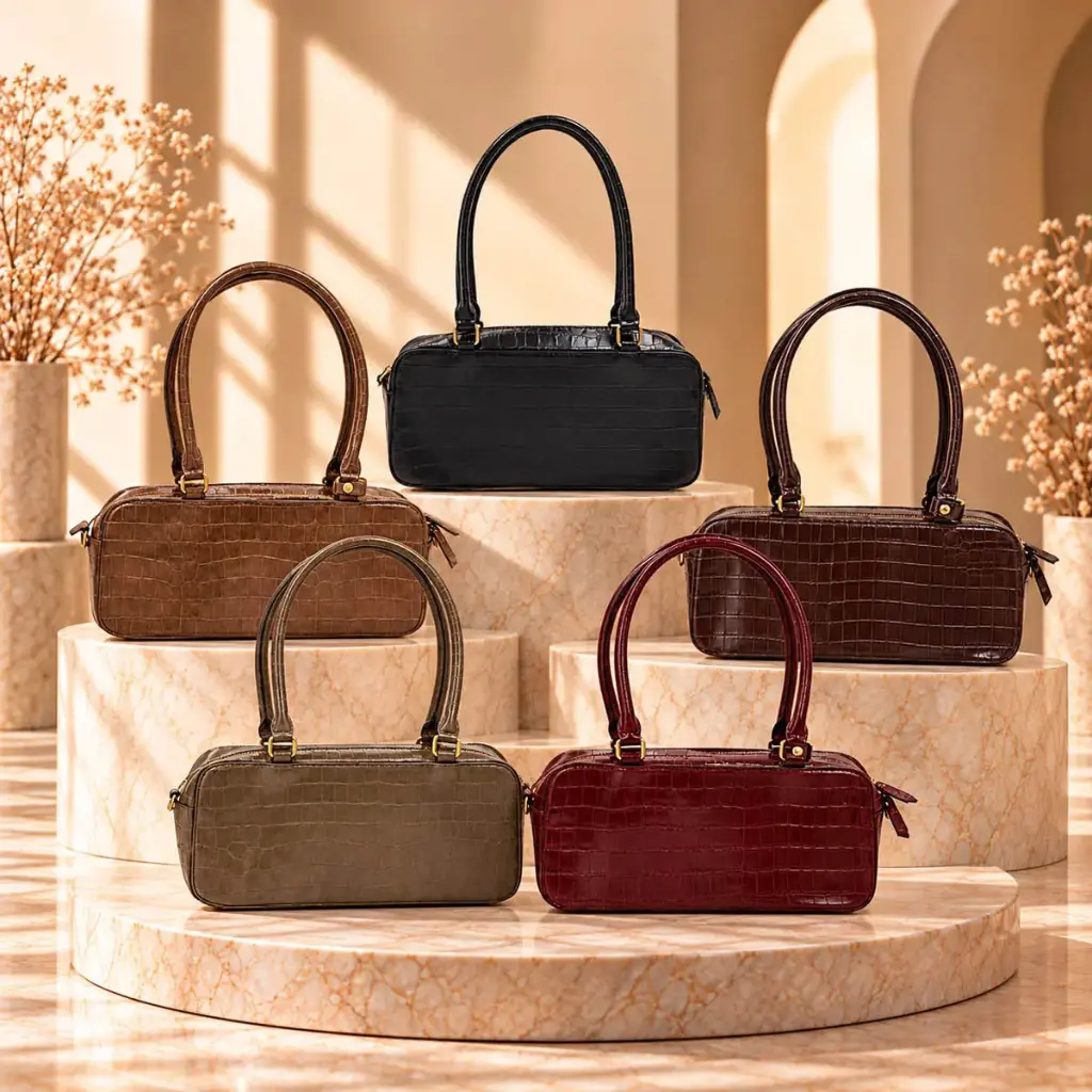 360 COTTON HAND BAG RECTANGULAR LONG TOP HANDLES GLOSSY CROCODILE TEXTURED TOP ZIPPER CLOSURE BURGUNDY