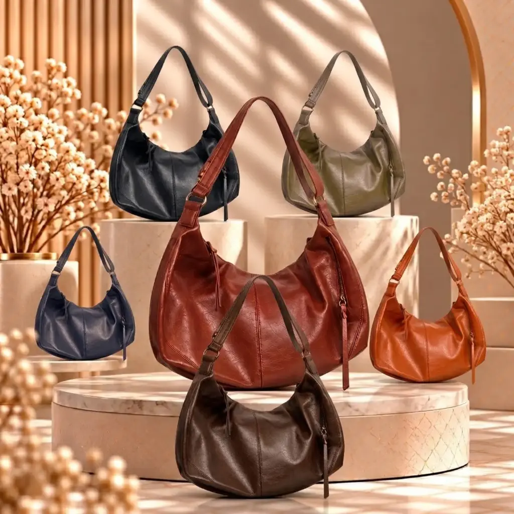 360 COTTON SHOULDER BAG SLOUCHY CRESCENT HOBO ADJUSTABLE STRAP SMOOTH TEXTURED DARK BROWN
