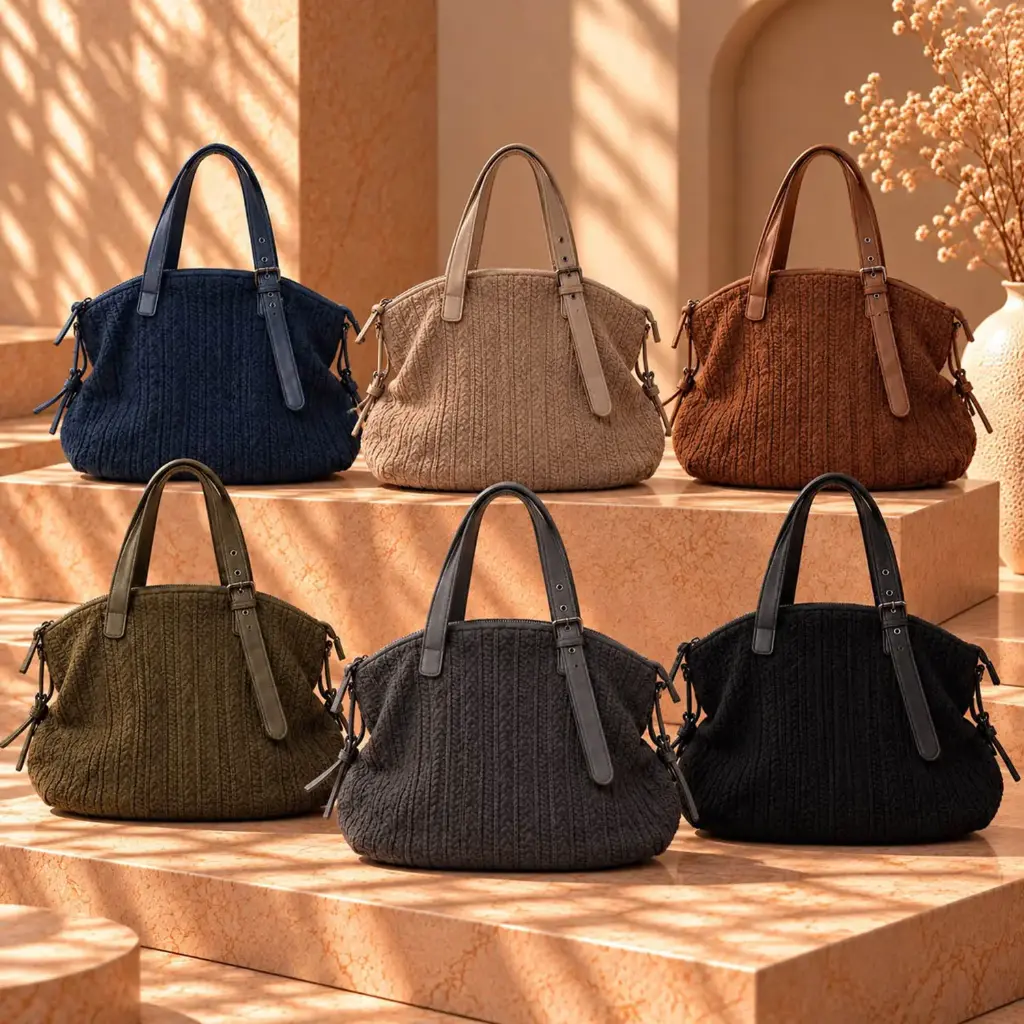 360 COTTON SHOULDER BAG KNITTED TRAPEZOIDAL SILHOUETTE VERTICAL CABLE-KNIT DUAL HANDLES BROWN/TAUPE