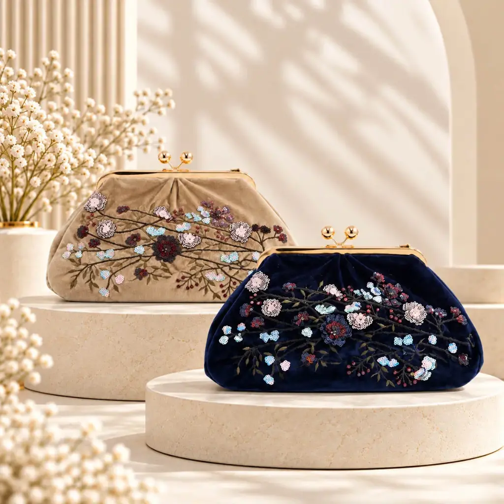 360 COTTON SHOULDER BAG COMPACT ROUNDED SHAPE ORNATE FLORAL AND BOTANICAL PRINT GOLD-TONE CHAIN STRAP PLEATED SIDES BEIGE/TAUPE