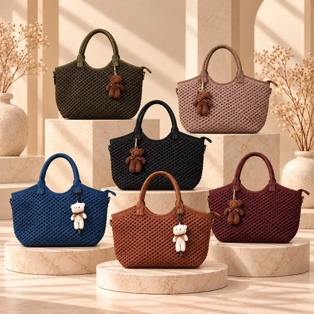360 COTTON SHOULDER BAG PERFORATED TOTE DUAL ROUNDED HANDLES TEDDY BEAR CHARM ATTACHED BEIGE/TAUPE