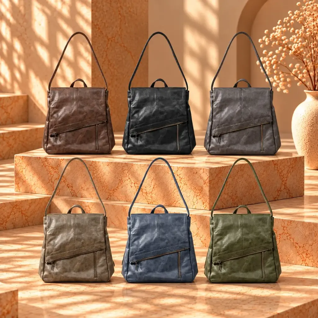 360 COTTON SHOULDER BAG TOTE LARGE RECTANGULAR WIDE FLAP CLOSURE SHORT TOP HANDLE SMOOTH LEATHER FRONT VERTICAL ZIP CAMEL/TAN