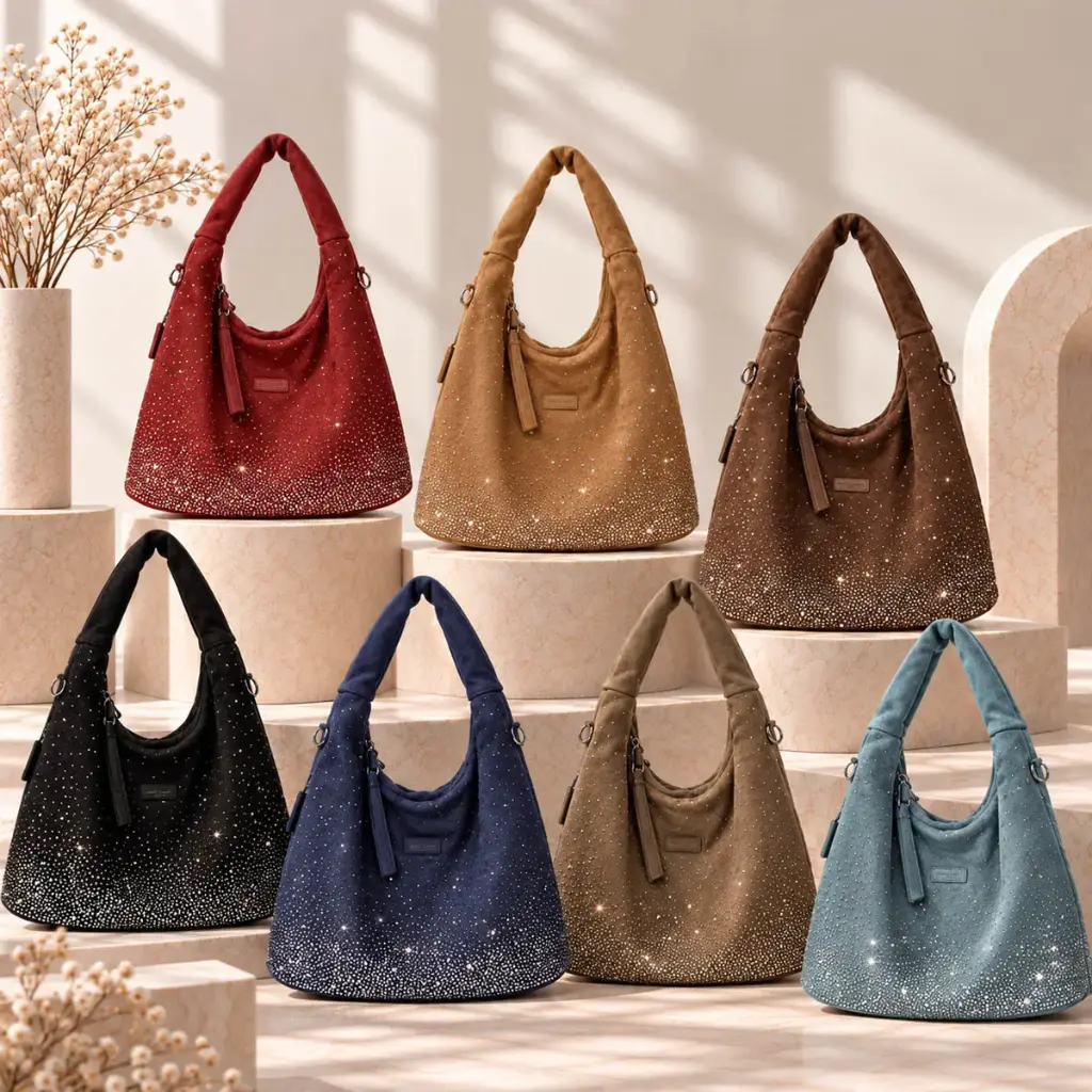 360 COTTON SHOULDER BAG EMBELLISHED TRIANGLE HOBO LEATHER RHINESTONE DENSE METALLIC EMBELLISHMENT OLIVE GREEN/BROWN