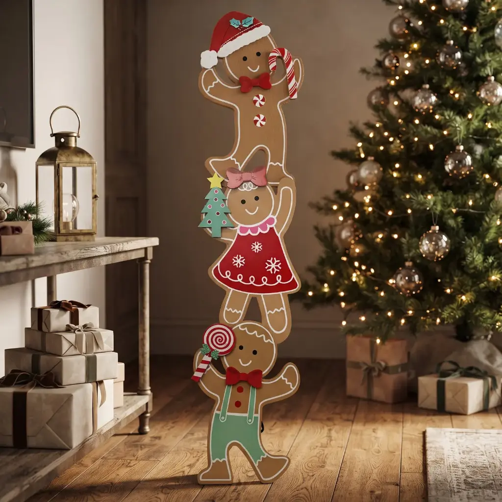 360 HOME CHRISTMAS  DECOR, 28.5*2.5*122,a father/gingerbread man at the top, a gingerbread girl in the middle, and a smaller gingerbread boy at the bottom
