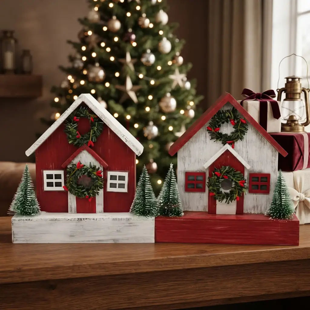 360 HOME CHRISTMAS  DECOR, 24*10*25,pair of rustic red Christmas cottage decorations,
