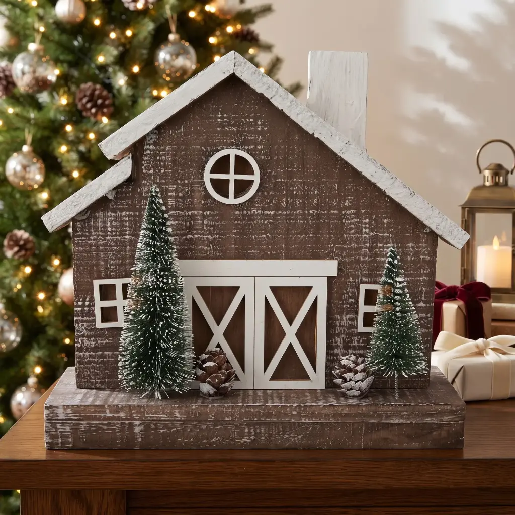 360 HOME CHRISTMAS  DECOR, 22*11*21,rustic winter barn / Christmas farm decoration