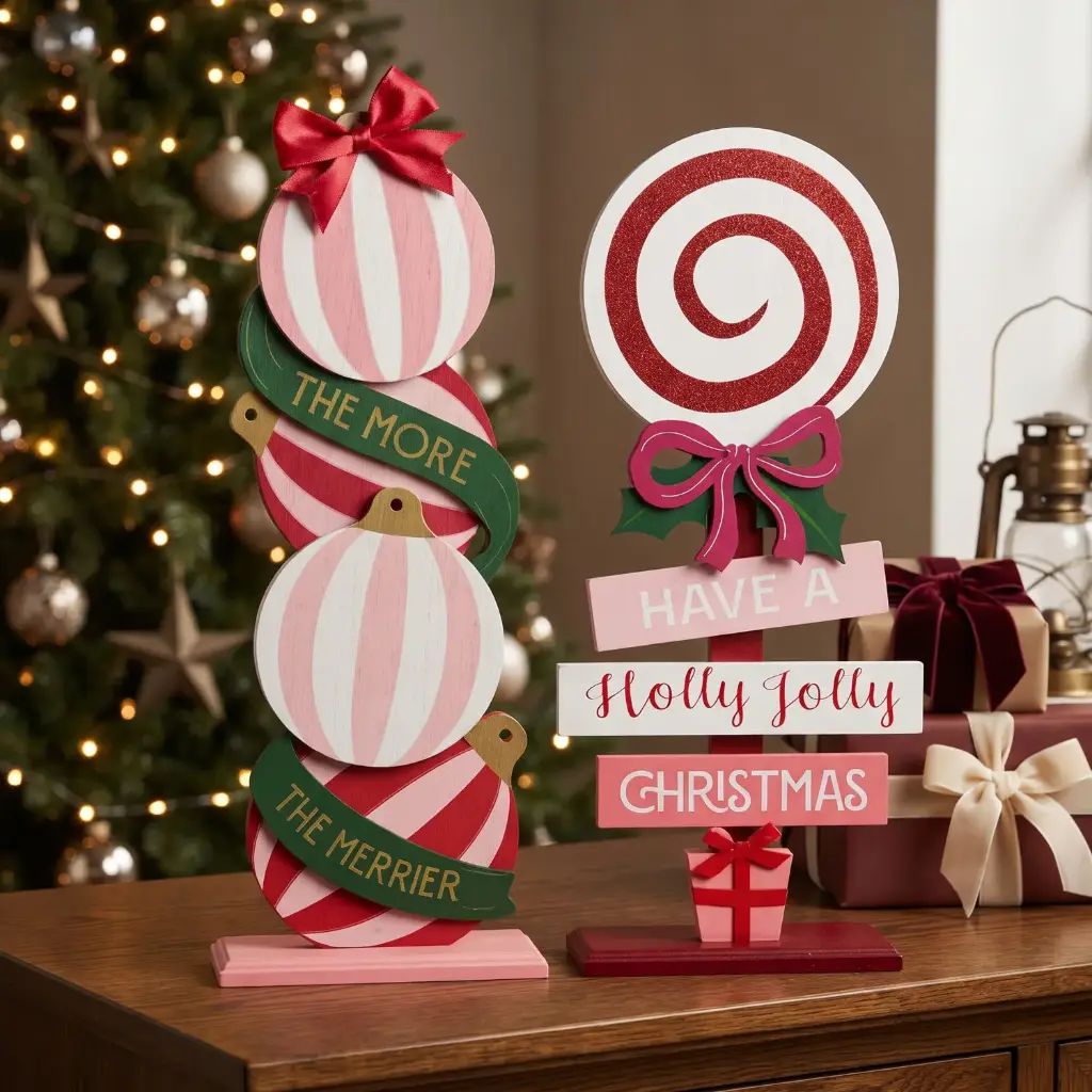 360 HOME CHRISTMAS MDF DECOR, 20*6*46,matching pair of freestanding Christmas candy-themed decorations